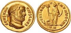 Roman Imperial Constantius I. As Caesar, AD 293-305. AV Aureus (18mm, 5.55 g, 5ah). Carthago (Carthage) mint. Struck AD 297-298. CONSTAN TIVS CAES, laureate head right / FELIX AD V ENT AVGG NN, Africa