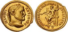 Roman Imperial Galerius. As Caesar, AD 293-305. AV Aureus (17.5mm, 5.44 g, 6h). Treveri (Trier) mint. Struck AD 303. MAXIMI ANVS NOB C, laureate head right / IOVI CONSERVAT AVGG ET CAES NN, Jupiter se