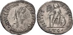 Roman Imperial Valentinian II. AD 375-392. AR Light Miliarense (22mm, 4.01 g, 7h). Lugdunum (Lyon) mint. Struck August AD 388 - May AD 392. D N VALENTINI ANVS P F AVG, pearl-diademed, draped, and cuir
