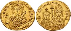 Byzantine Michael III "the Drunkard", with Theodora and Thecla. 842-867. AV Solidus (19.5mm, 4.37 g, 7h). Constantinople mint. Struck 842-circa 843. + ΘЄO∂O RA∂ЄSPVҺA, crowned facing bust of Theodora,