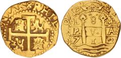 World PERU, Colonial. Felipe V. King of Spain, first reign, 1700-1724. AV 8 Escudo (29mm, 26.81 g, 9h). Lima mint. Dated 1712 L M. Coat-of-arms / Crowned pillars of Hercules set on ocean waves. Calicó