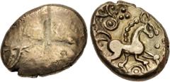 British CELTIC, Iceni. Uninscribed. Circa 50 BC - AD 10. AV Stater (18mm, 5.50 g). Snettisham, rings type (Trinovantian F). Traces of crossed wreaths type / Horse prancing right; pellets-in-annulets a