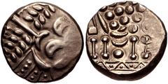 CELTIC, Britain. Durotriges . Uninscribed. Circa 65 BC-AD 45. Pale AV Stater (18mm, 5.84 g, 7h). Durotrigan E, Abstract (Cranborne Chase) type. Devolved head of Apollo right / Disjointed horse left; p
