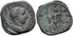 Gordian III. AD 238-244. Æ Sestertius (30mm, 26.60 g, 1h). Rome mint. Struck AD 238. Laureate, draped and cuirassed bust right, seen from behind / Virtus standing left, holding branch and reversed spe