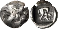 Greek CARIA, Uncertain. 5th century BC. AR Diobol(?) (11.5mm, 1.16 g, 12h). Head of lion right / Hind quarter of lion right within incuse square. Rosen 736 (Lycia?); Nomos Obolos 13, lot 478; Numismat