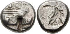 Greek LYCIA, Phaselis. Circa 530-500 BC. AR Stater (20mm, 11.00 g). Prow of galley right, terminating in a boar's forepart; below, small dolphin right / Incuse square with irregular lines within. Heip