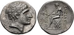 Greek SELEUKID EMPIRE. Antiochos Hierax. Circa 242-227 BC. AR Tetradrachm (30mm, 16.56 g, 1h). Lysimacheia mint. Diademed head of Antiochos I right / Apollo, testing arrow and resting hand on grounded