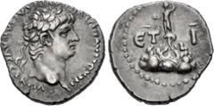 Roman Provincial CAPPADOCIA, Caesarea-Eusebia. Nero. AD 54-68. AR Hemidrachm (15mm, 1.73 g, 11h). Dated RY 10 (AD 63/4). Laureate head right / Radiate figure, holding globe and scepter, standing left 