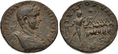 Roman Provincial PHOENICIA, Tyre. Elagabalus. AD 218-222. Æ (27mm, 13.35 g, 11h). Laureate and cuirassed bust right, seen from the front, with gorgoneion on breastplate / Pygmalion advancing left, chl
