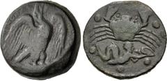 Greek SICILY, Akragas. Circa 415-406 BC. Æ Hemilitron (27mm, 21.23 g, 7h). Eagle standing right, head raised, wings spread, on hare / Crab; below, triton right, blowing conch; six pellets (mark of val