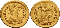Roman Imperial Arcadius. AD 383-408. AV Solidus (20.5mm, 4.46 g, 6h). Constantinople mint, 6th officina. Struck AD late 392-early 393. D N ARCADI VS P F AVG, rosette-diademed, draped, and cuirassed bu