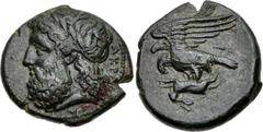 SICILY, Akragas. Circa 338-287 BC. Æ Litra (18mm, 5.66 g). Laureate head of Zeus left / Eagle, with head lowered, standing left on dead hare; I below wings. CNS 116 R1 3/1; SNG ANS 1113 var. (letter b