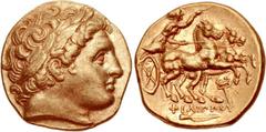 KINGS of MACEDON. Philip III Arrhidaios. 323-317 BC. AV Stater (18mm, 8.56 g, 12h). In the name and types of Philip II. Kolophon mint. Laureate head of Apollo right / Charioteer driving biga right; ke