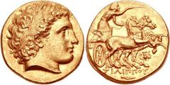 KINGS of MACEDON. Philip III Arrhidaios. 323-317 BC. AV Stater (18mm, 8.59 g, 12h). In the name and types of Philip II. Magnesia mint. Head of Apollo right, wearing laurel wreath / Charioteer driving 