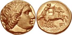 KINGS of MACEDON. Philip III Arrhidaios. 323-317 BC. AV Stater (17mm, 8.57 g, 12h). In the name and types of Philip II. Teos mint. Laureate head of Apollo right / Charioteer driving biga right; monogr