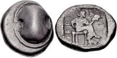BOEOTIA, Thebes. Circa 450-440 BC. AR Stater (19mm, 11.86 g). Boeotian shield / Female figure (Harmonia?), wearing long chiton, seated right, holding crested Corinthian helmet, hand on her hip, foot r