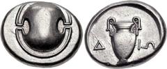 BOEOTIA, Thebes. Circa 395-338 BC. AR Stater (23mm, 12.15 g). Dio-, magistrate. Struck circa 390-382 BC. Boeotian shield / Amphora; Δ-IΩ across field; all within concave circle. Hepworth 30; BCD Boiot