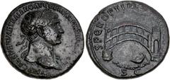 Trajan. AD 98-117. Æ Sestertius (33mm, 23.76 g, 7h). Rome mint. Struck circa AD 104-107. Laureate bust right, slight drapery / Arched, single-span bridge with six posts across Danube River; single-bay