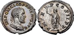 Pupienus. AD 238. AR Denarius (19mm, 2.81 g, 12h). Rome mint. 1st emission. Laureate and draped bust right / Pupienus standing left, holding branch and scepter. RIC IV 5; BMCRE 50; RSC 29. Near EF, to