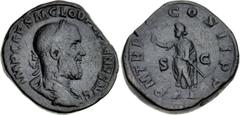 Pupienus. AD 238. Æ Sestertius (30mm, 24.02 g, 12h). Rome mint. 1st emission. Laureate, draped, and cuirassed bust right / Pupienus standing left, holding branch and parazonium. RIC IV 15; BMCRE 51; B