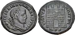 Galerius. AD 305-311. Æ Follis (27mm, 5.97 g, 6h). Cyzicus mint, 2nd officina. Struck circa AD 308. Laureate head right / Camp gate with four turrets, open door, and eight stone layers; NKB. RIC VI 39