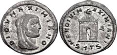 Divus Galerius. Died AD 311. Æ Follis (25mm, 5.25 g, 12h). Thessalonica mint, 4th officina. Struck under Licinius, circa AD 311. DIOV (sic) MAXIMIANO, veiled head right / MEM DIVI M AXIMIANI, domed sh