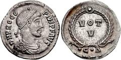 Procopius. Usurper, AD 365-366. AR Siliqua (18mm, 1.76 g, 6h). Constantinople mint, 4th officina. Pearl-diademed, draped, and cuirassed bust right / VOT/V in two lines; all within wreath; ·C·Δ. RIC IX