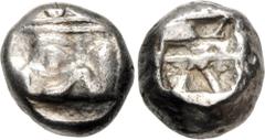 Greek LYCIA, Phaselis. Circa 530-500 BC. AR Stater (16mm, 10.98 g). Prow of galley left, terminating in a boar's forepart / Incuse square divided by two bands, with Λ-shaped feature in one section. He