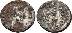 Roman Imperial Augustus, with Divus Julius Caesar. 27 BC-AD 14. Fourrée Denarius (19mm, 3.24 g, 6h). Rome mint; M. Sanquinius, moneyer. Struck 17 BC. Bare head of Augustus right / Youthful, laureate h