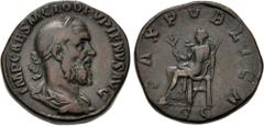 Roman Imperial Pupienus. AD 238. Æ Sestertius (30mm, 22.35 g, 12h). Rome mint. 1st emission. Laureate, draped, and cuirassed bust right / Pax seated left, holding olive branch and scepter. RIC IV 22a;