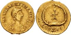 Roman Imperial Valentinian III. AD 425-455. AV Tremissis (12.5mm, 1.40 g, 6h). Mediolanum (Milan) mint. Struck circa AD 430-455. Pearl-diademed, draped, and cuirassed bust right / Cross within wreath;