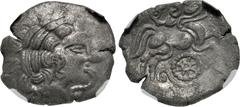 Celtic GAUL, Northwest. Redones. Circa 100-50 BC. BI Stater (22mm, 4.81 g, 6h). Class 7. Celtic head right / Celticized biga right; above, human-like head right; below, wheel set on spiral ornament. D