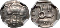 Greek DYNASTS of LYCIA. Mithrapata. Circa 390-370 BC. AR Sixth Stater (12mm, 3h). Uncertain mint. Lion scalp facing / Triskeles; astragalos in one section; all within incuse square. Müseler VII, 83; T