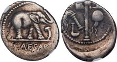 Roman Republican The Caesarians. Julius Caesar. April-August 49 BC. AR Denarius (18mm, 3.95 g, 2h). Military mint traveling with Caesar. Elephant advancing right, trampling on horned serpent / Emblems