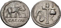 Roman Republican The Caesarians. Julius Caesar. April-August 49 BC. AR Denarius (18mm, 3.93 g, 12h). Military mint traveling with Caesar. Elephant advancing right, trampling on horned serpent / Emblem