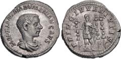 Roman Imperial Diadumenian. As Caesar, AD 217-218. AR Denarius (19.5mm, 3.57 g, 12h). Rome mint. 2nd emission of Macrinus, AD 217-218. M OPEL ANT DIADVMENIAN CAES, bareheaded and draped bust right / P