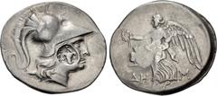 Greek PAMPHYLIA, Side. Circa 205-100 BC. AR Tetradrachm (33mm, 16.63 g, 12h). Dem–, magistrate. Helmeted head of Athena right; c/m: ΣAP and bow-in-bowcase within incuse circle / Nike advancing left, h