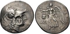 Greek PAMPHYLIA, Side. Circa 205-100 BC. AR Tetradrachm (30mm, 16.75 g, 12h). Dio(d)–, magistrate. Helmeted head of Athena right; c/m: ΣAP and bow-in-bowcase within incuse circle / Nike advancing left