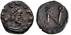 Zeno. First reign, AD 474-475. Æ (10mm, 1.14 g, 7h). Constantinople mint. Pearl-diademed and draped bust right / Monogram in wreath; CON in exergue. RIC X 961; LRBC - ; MIRB 26 (same obv. die); Coin H