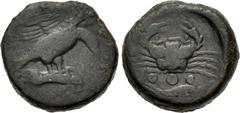 Greek SICILY, Akragas. Circa 415-406 BC. Æ Tetras – Trionkion (20.5mm, 9.16 g, 12h). Eagle, wings spread, standing right on, and tearing at, dead hare / Crab; below, three pellets (mark of value) abov