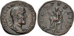 Roman Imperial Pupienus. AD 238. Æ Sestertius (29mm, 18.10 g, 12h). Rome mint. 1st emission. Laureate, draped, and cuirassed bust right / Pax seated left, holding olive branch and scepter. RIC IV 22a;