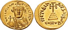 Byzantine Constans II. 641-668. AV Solidus (19.5mm, 4.36 g, 6h). Constantinople mint, 2nd officina. Struck 641-646. Crowned facing bust, wearing chlamys, holding globus cruciger / Cross potent set on 