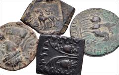 ORIENTAL GREEK & CENTRAL ASIAN. Miscellaneous. Lot of four (4) mixed Æ. Includes: BAKTRIA, Indo-Greek Kingdom. Antialkidas. Æ Unit. Draped bust of Zeus right, thunderbolt over shoulder / Piloi of the 