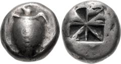 Greek ISLANDS off ATTICA, Aegina. Circa 550-530/25 BC. AR Stater (18mm, 11.97 g). Sea turtle, head in profile, with thick collar and row of dots down its back / Deep incuse square of proto-"Union Jack
