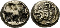 Greek IONIA, Phokaia. Circa 625/0-522 BC. EL Forty-eighth Stater (6mm, 0.40 g). Head of lion left; to right, small seal downward / Quadripartite incuse square. Cf. Bodenstedt Em. 13 (unlisted denomina