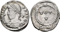 Roman Imperial Valens. AD 364-378. AR Argenteus (16mm, 2.90 g, 6h). Quinquennalia issue. Constantinople mint, 1st officina. Struck AD 364-367. Pearl-diademed, draped, and cuirassed bust left / VOT/ V 