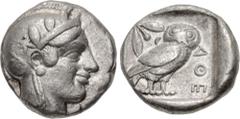 Greek ATTICA, Athens. Circa 454-404 BC. AR Tetradrachm (23.5mm, 17.16 g, 8h). Helmeted head of Athena right, with frontal eye / Owl standing right, head facing, closed tail feathers; olive spray and c
