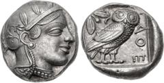 Greek ATTICA, Athens. Circa 454-404 BC. AR Tetradrachm (22mm, 17.19 g, 7h). Helmeted head of Athena right, with frontal eye / Owl standing right, head facing, closed tail feathers; olive spray and cre
