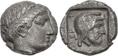 Greek MYSIA, Pergamon. Circa 400 BC. AR Hemidrachm (11mm, 1.61 g, 12h). Chian standard. Laureate head of Apollo right; star behind neck / Bearded head right, wearing Persian tiara, within incuse squar
