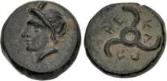 Greek DYNASTS of LYCIA. Perikles. Circa 380-360 BC. Æ (12mm, 2.01 g). Uncertain mint. Horned head of Pan left / Triskeles. Müseler VIII, 52–5; Falghera 219–23; SNG von Aulock 4257–8. Earthen dark gree
